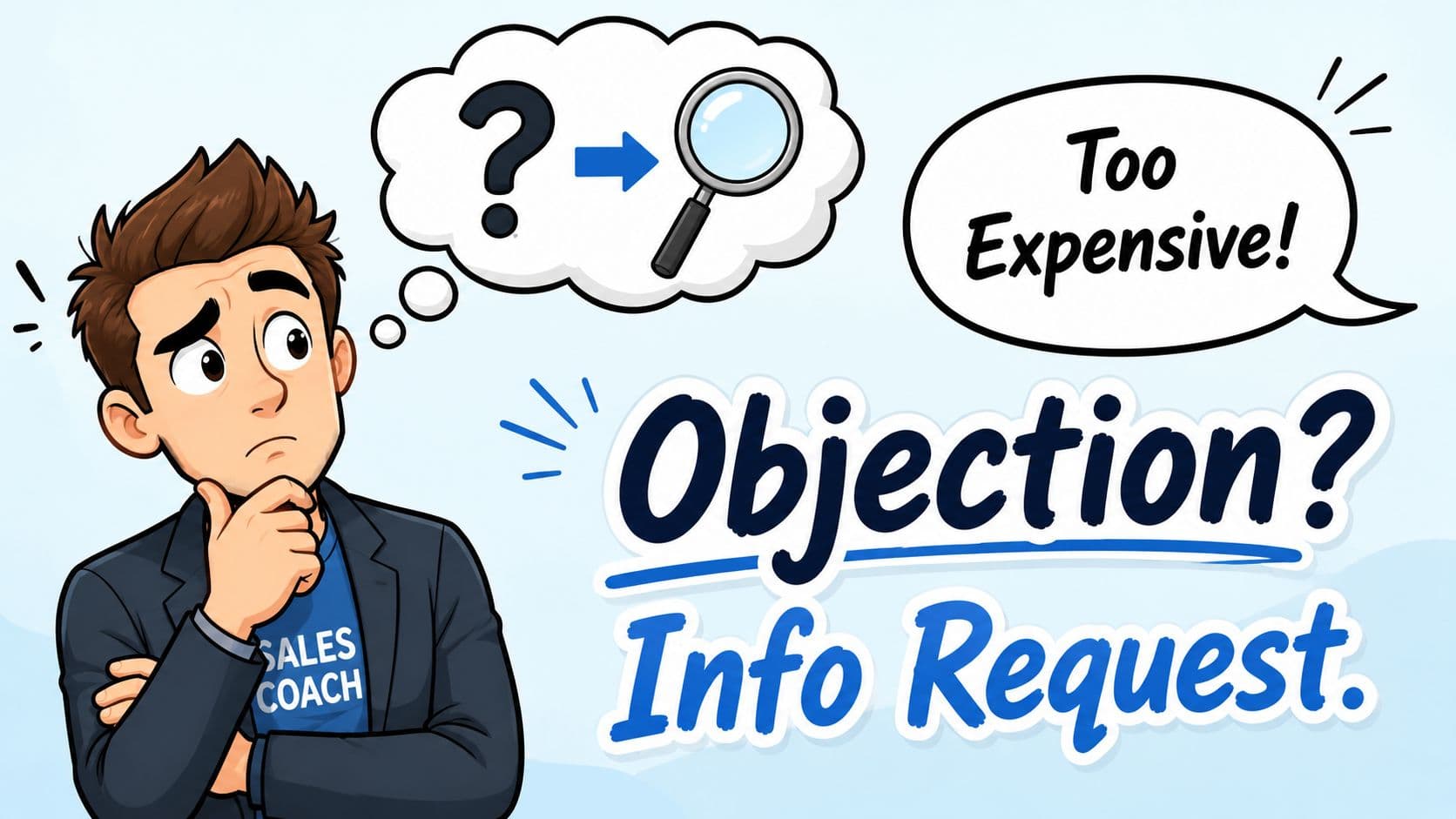 A cartoon sales coach looking thoughtful with a magnifying glass and the text Too Expensive above.