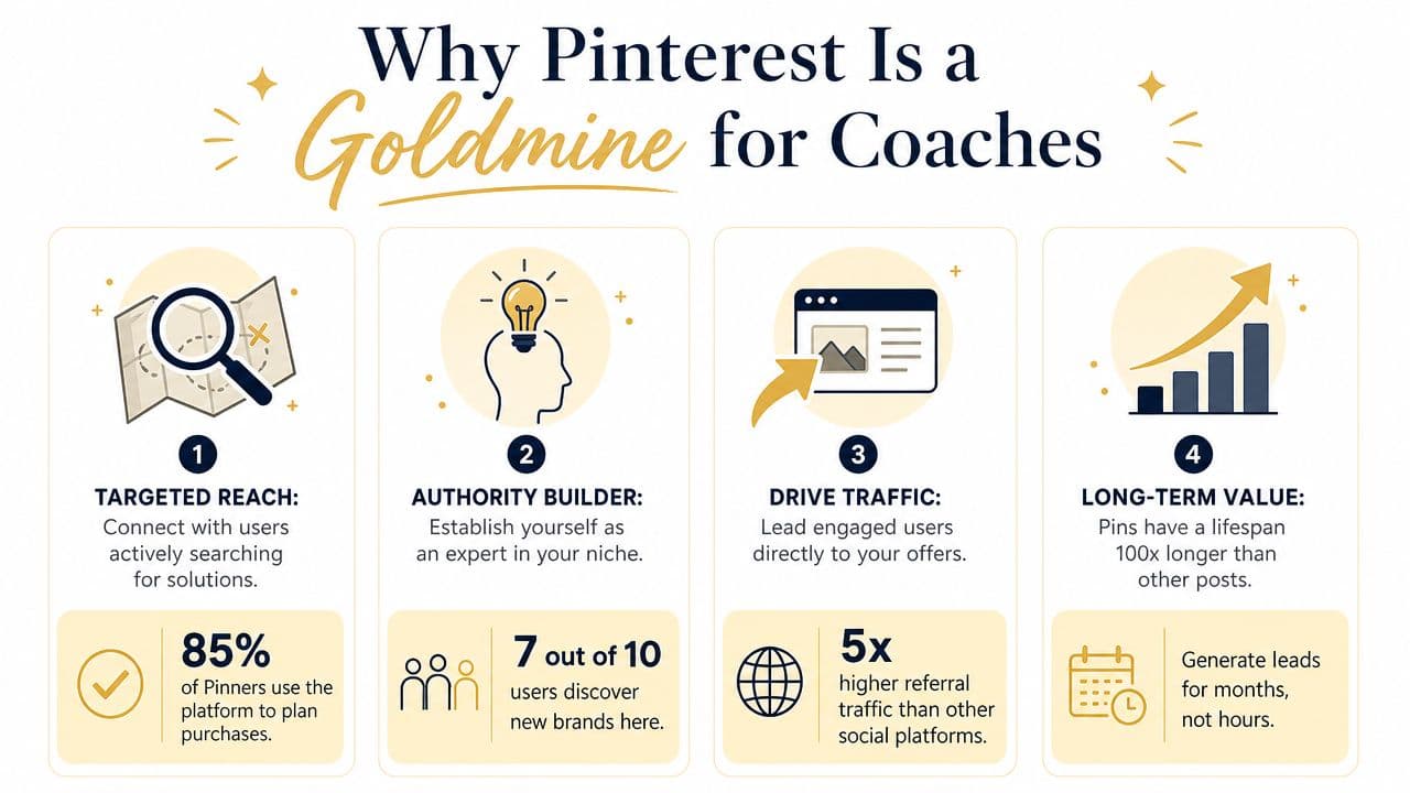 An infographic titled Why Pinterest Is a Goldmine for Coaches highlighting benefits like targeted reach and traffic.