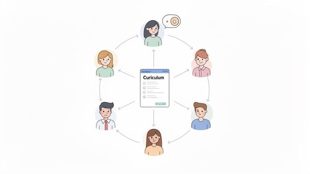 Illustration of six diverse individuals collaborating on a central curriculum document with arrows indicating interaction.