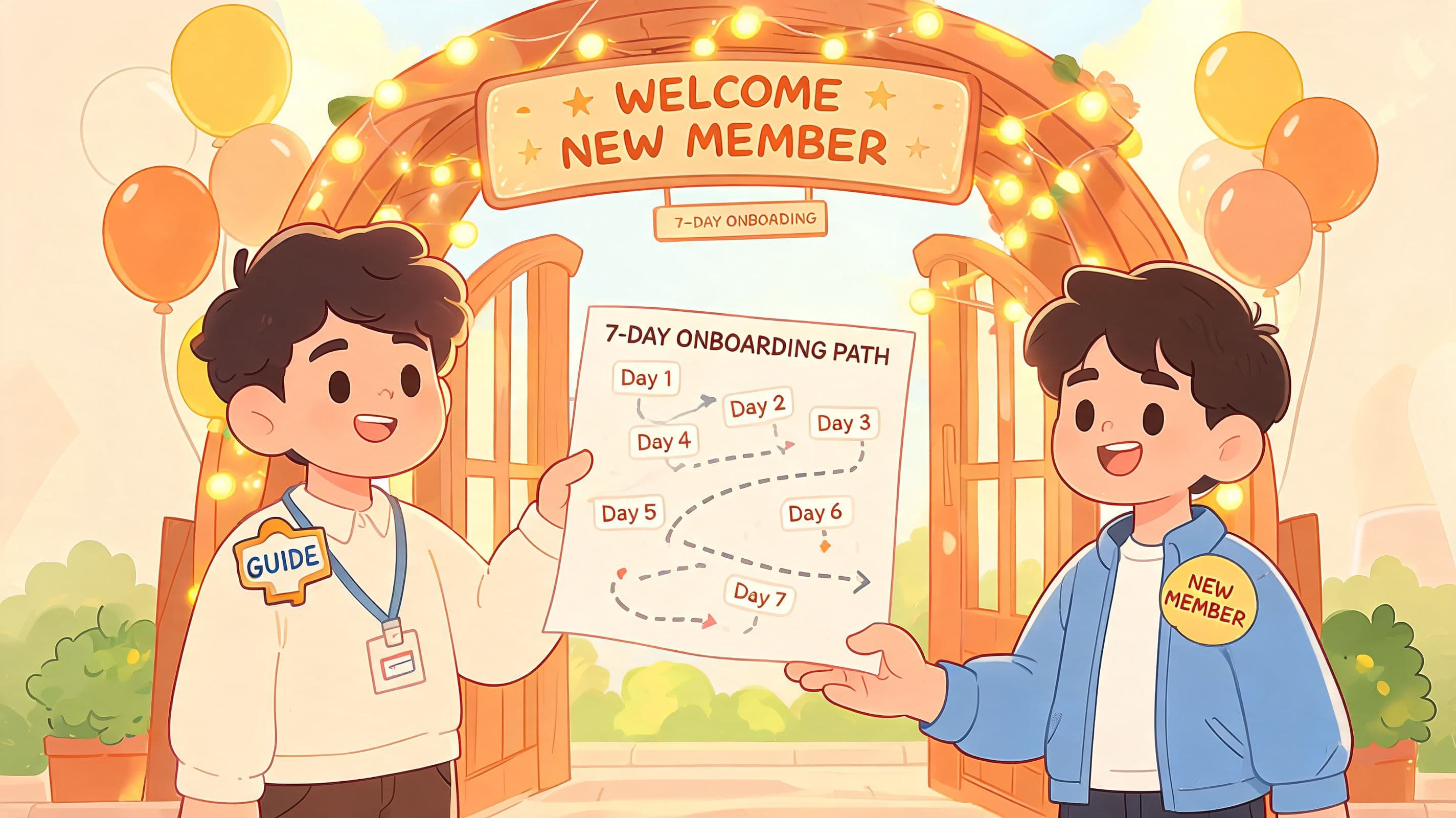 A friendly guide showing a new member a seven-day onboarding path map in front of a welcome arch.