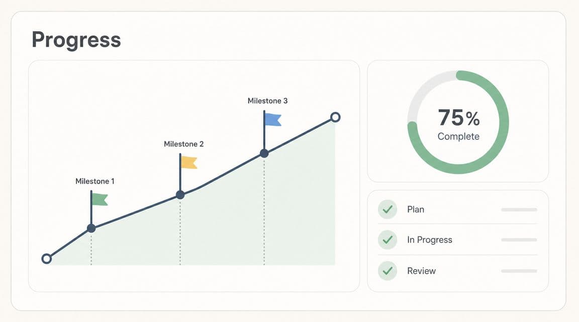 A digital progress dashboard featuring a line graph with milestones and a seventy-five percent completion circle.