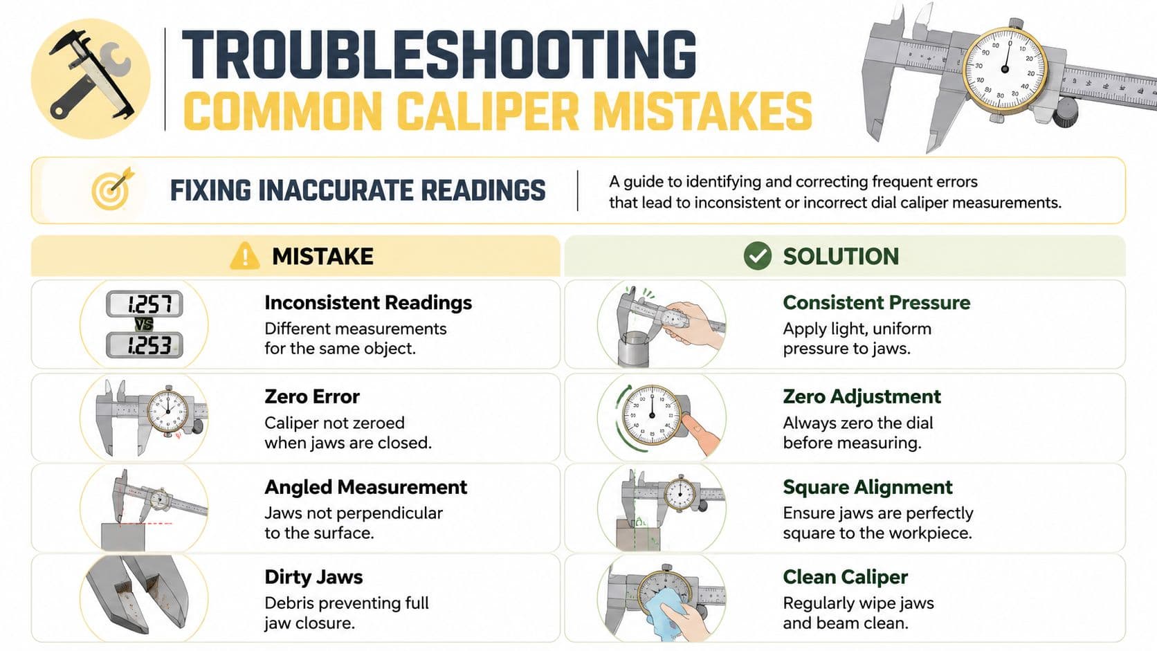 A troubleshooting guide showing common dial caliper mistakes and their solutions for accurate precision measurements.