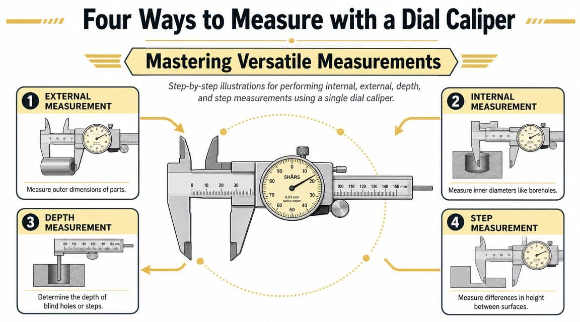 An infographic showing four different ways to use a dial caliper for precise engineering measurements.