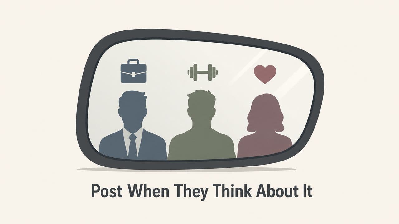 A car rearview mirror graphic showing icons for work, fitness, and relationships above three silhouettes.