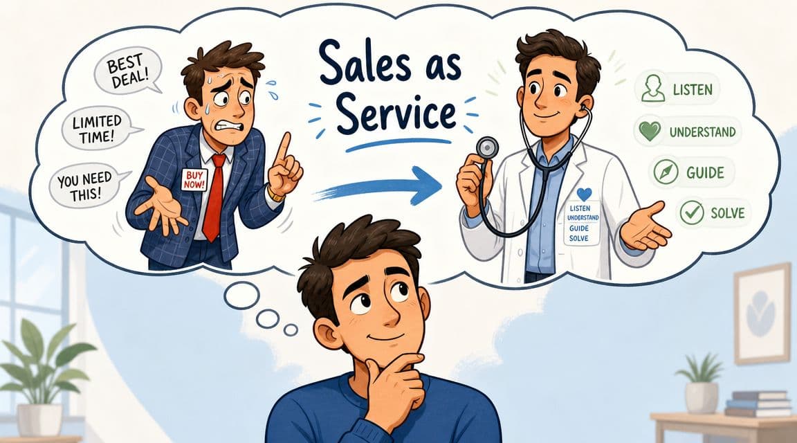 An illustration showing a man thinking about shifting from high-pressure sales tactics to a helpful consultative approach.