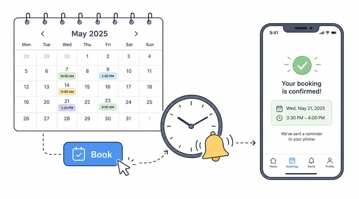 A calendar showing scheduled appointments, a ringing alarm clock, and a mobile phone displaying a booking confirmation.