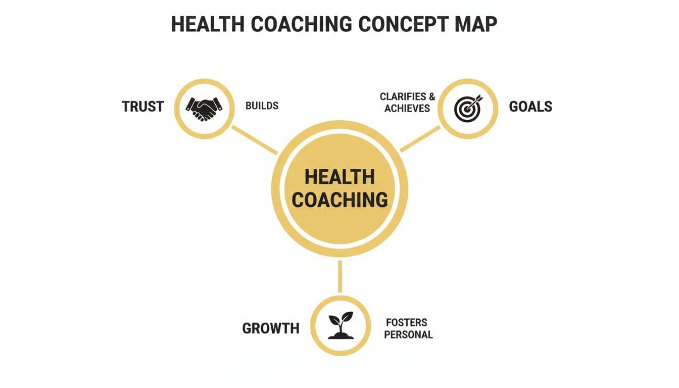 A concept map illustrating health coaching building trust, achieving goals, and fostering personal growth.