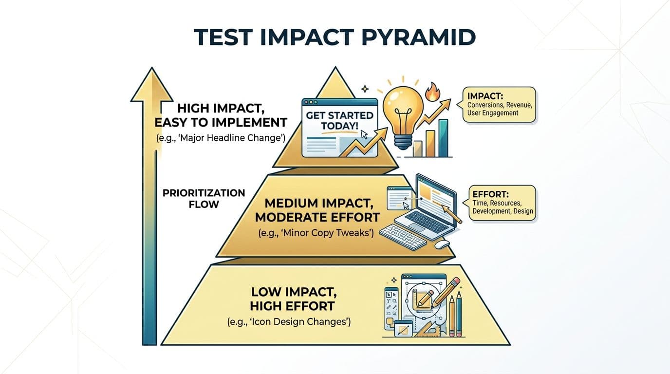 A visual pyramid showing how to prioritize website tests based on impact and implementation effort.