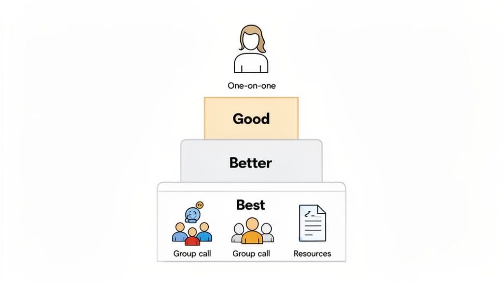 A pyramid hierarchy showing service levels: one-on-one, good, better, and best with group calls and resources.