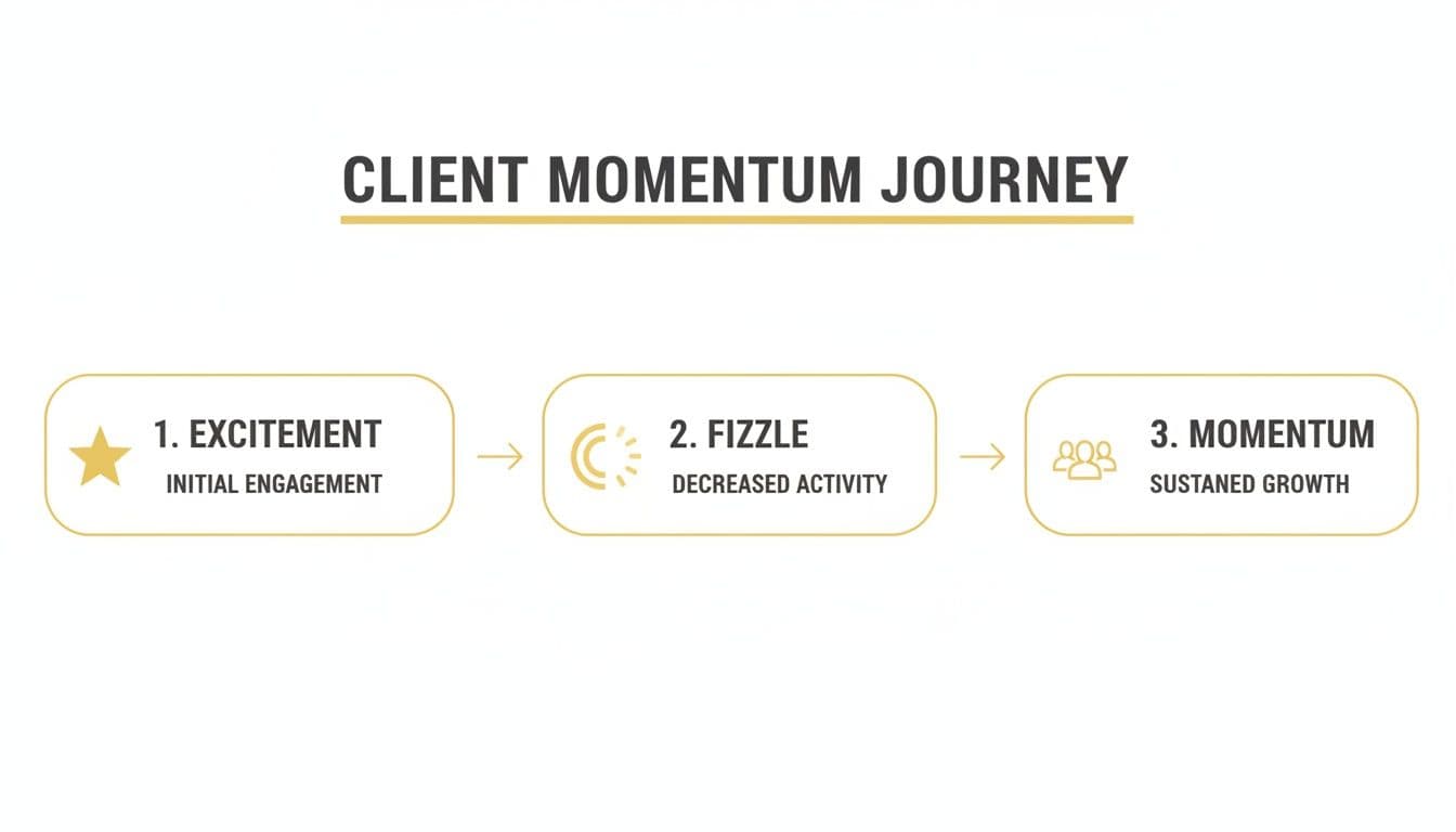 Flowchart showing the client momentum journey with three stages: Excitement, Fizzle, and Momentum.