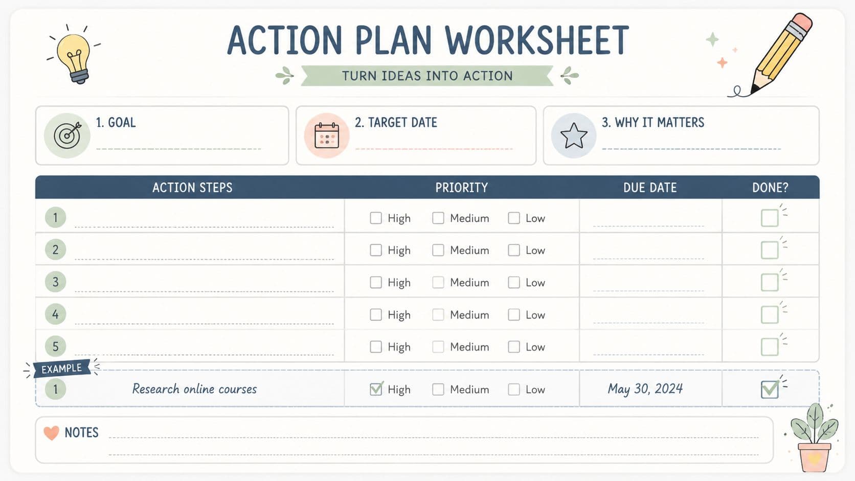A digital Action Plan Worksheet template with sections for goal setting, target dates, and prioritized tasks.