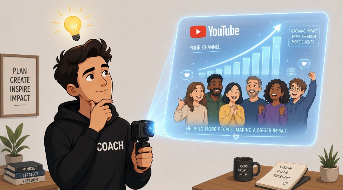 A digital illustration of a coach thinking about growing their YouTube channel and making a bigger impact.