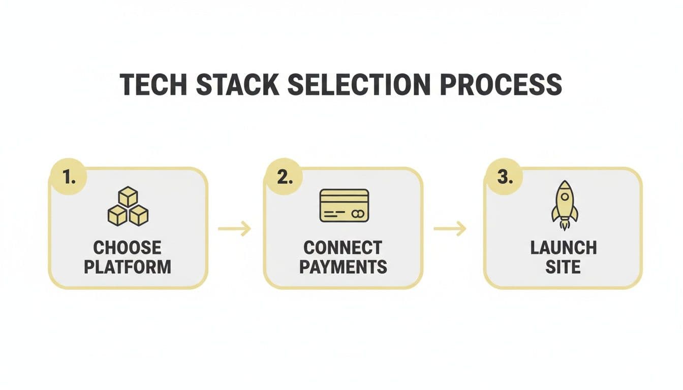 A visual three-step tech stack selection process: choose platform, connect payments, launch site.