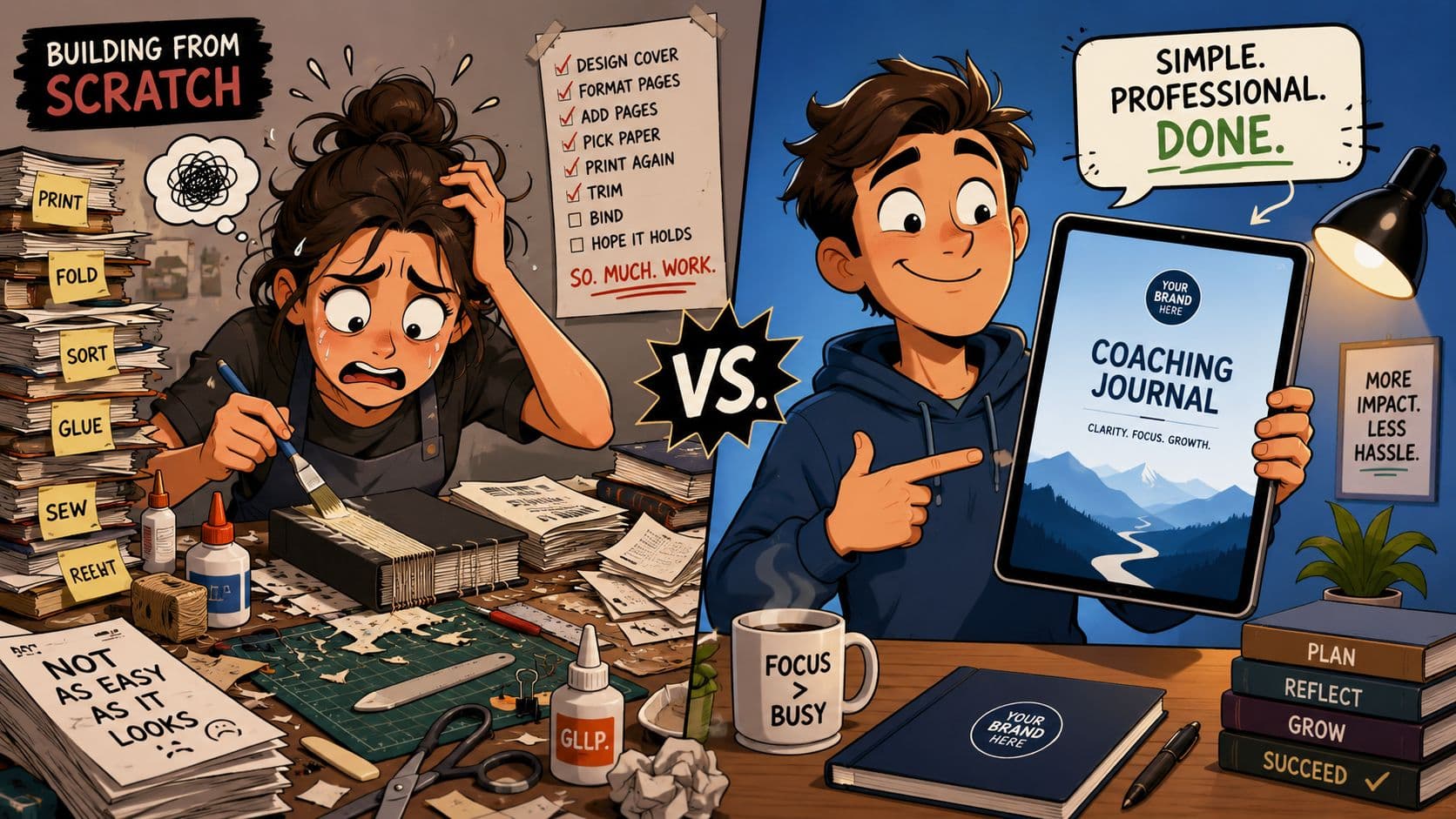 A split image contrasting the stress of manual bookmaking with the ease of digital coaching journal creation.
