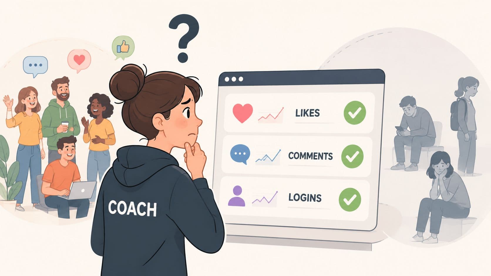 A coach looks thoughtfully at a digital interface displaying social media metrics while contrasting happy and sad people.