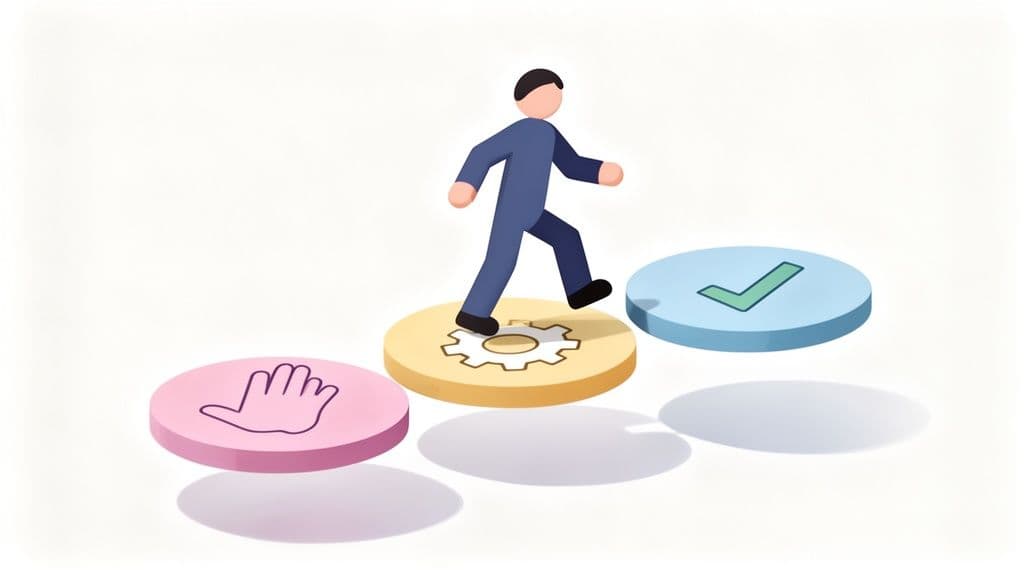 A stylized person walks on three circular platforms featuring hand, gear, and checkmark icons.