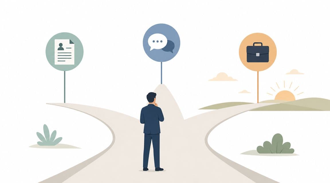 A businessman standing at a junction with three path options symbolized by icons representing career, communication, and resume.