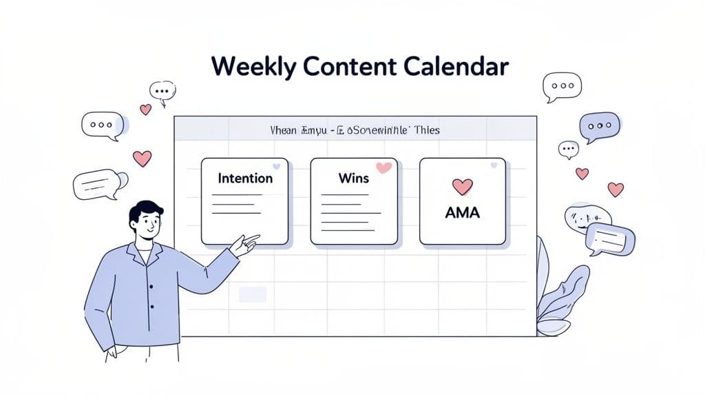 An illustration of a man pointing to a weekly content calendar with cards for Intention, Wins, and AMA.