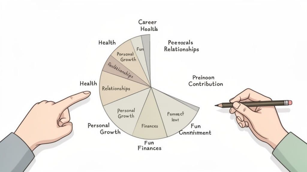 Hands interact with a Wheel of Life diagram illustrating different life categories like health, growth, and finances.