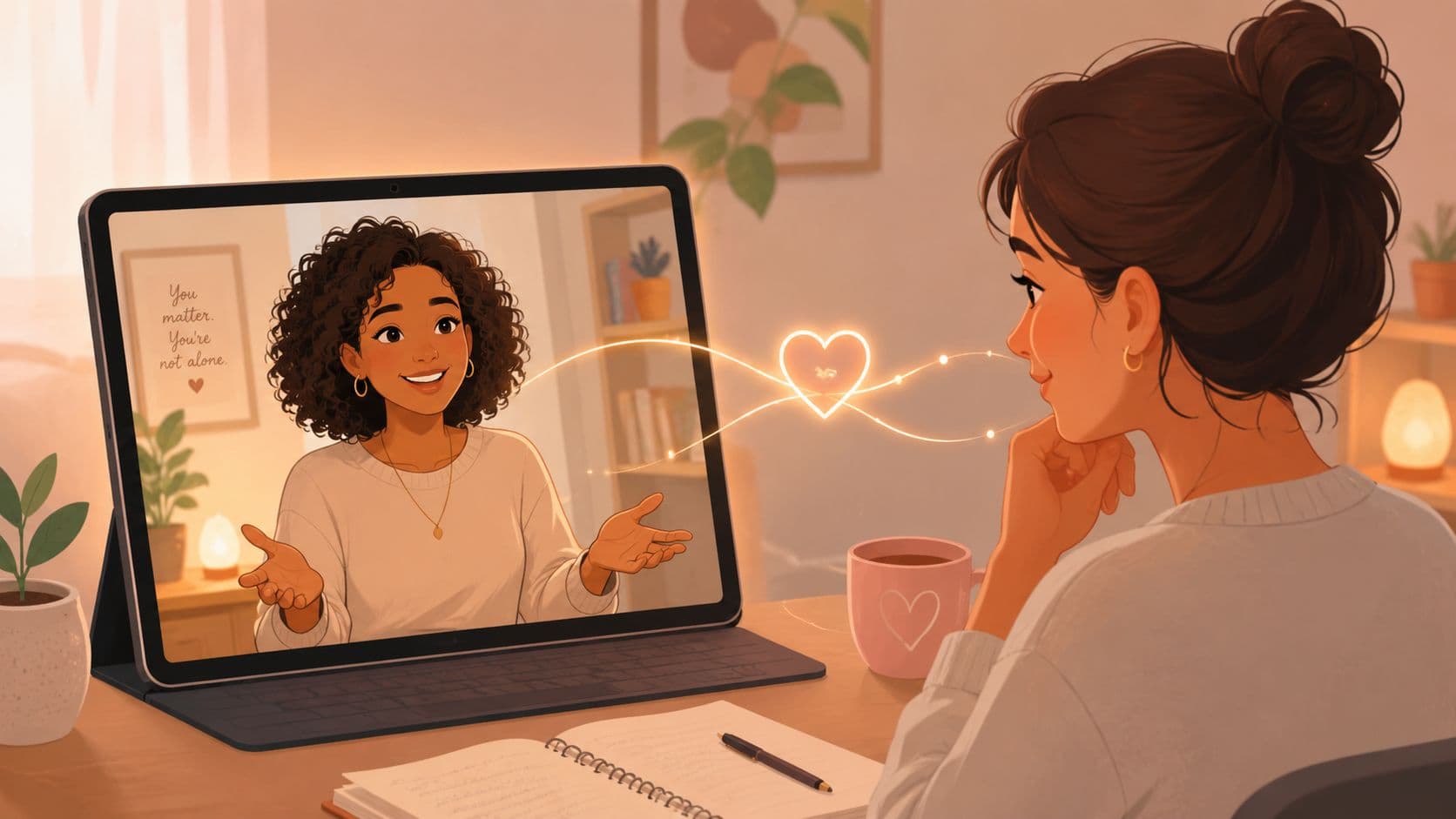 A woman participates in a heartfelt video call on a tablet, symbolizing deep emotional connection and support.