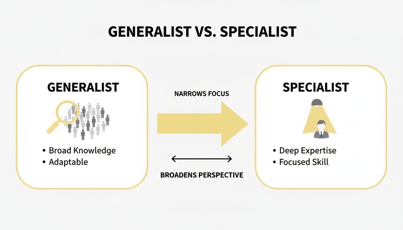 Diagram comparing a generalist (broad knowledge, adaptable) with a specialist (deep expertise, focused skill).