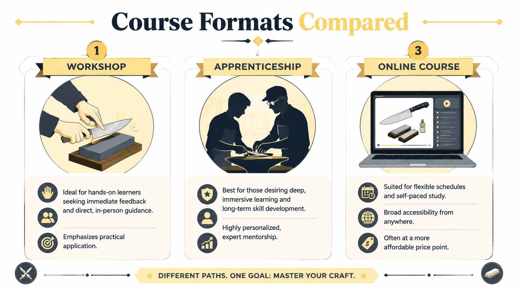 A comparison infographic showing three ways to learn knife sharpening: workshops, apprenticeships, and online courses.