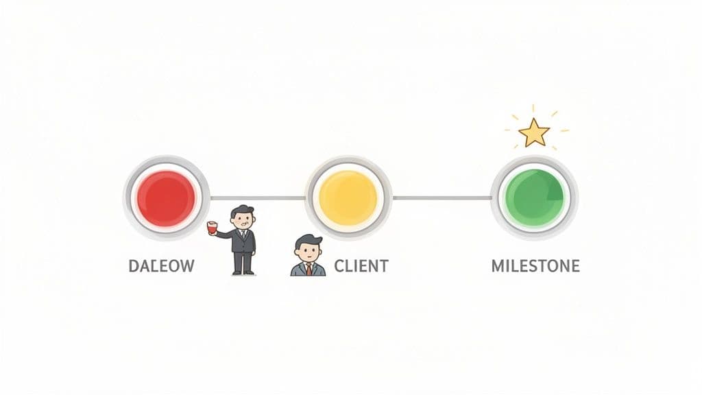 An illustration of a three-step process timeline: Daleow (red), Client (yellow), and Milestone (green with a star).