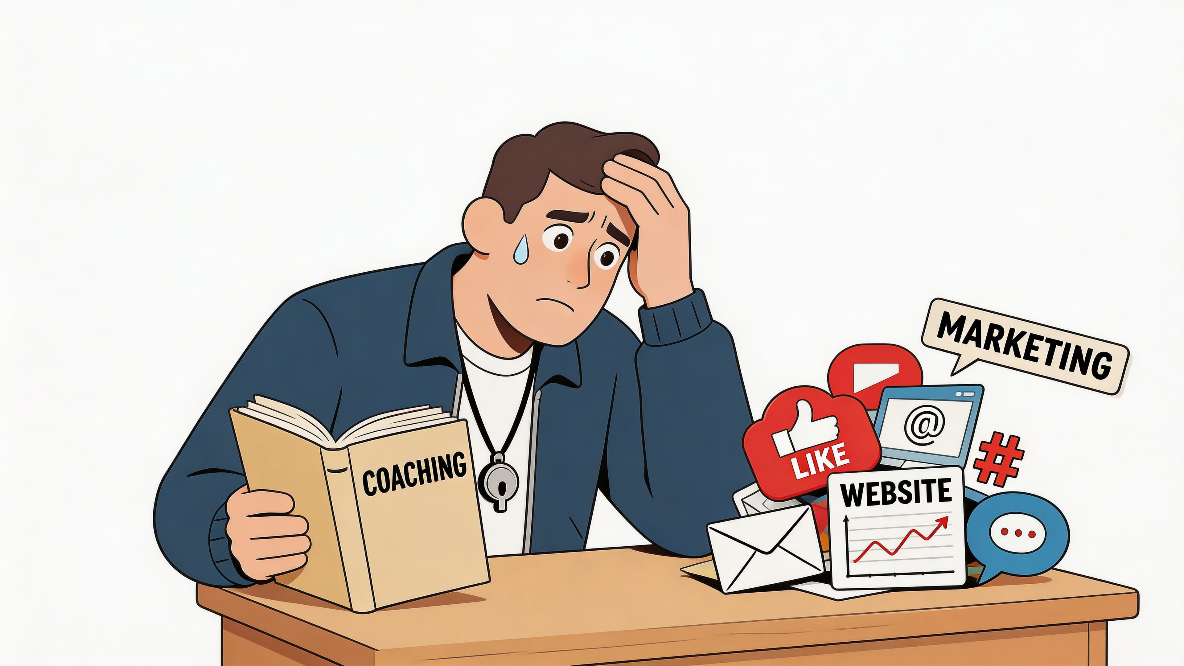A stressed coach looking at a book while surrounded by digital marketing icons and website elements.