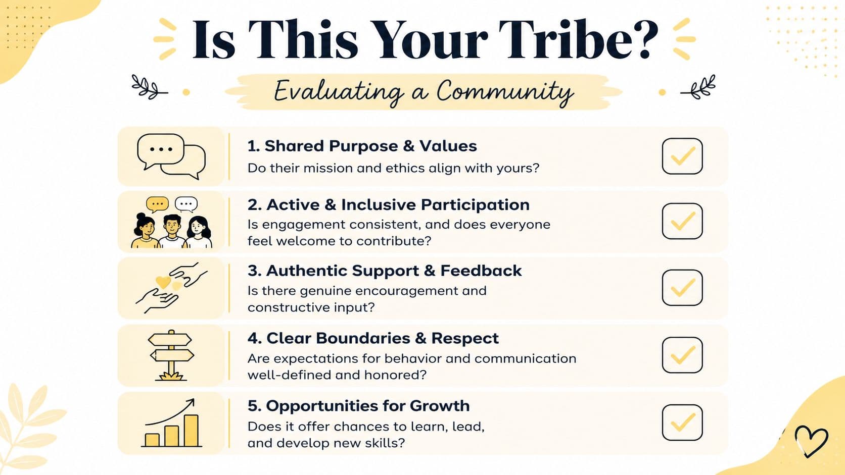 A checklist infographic titled Is This Your Tribe evaluating five key components of a healthy community.