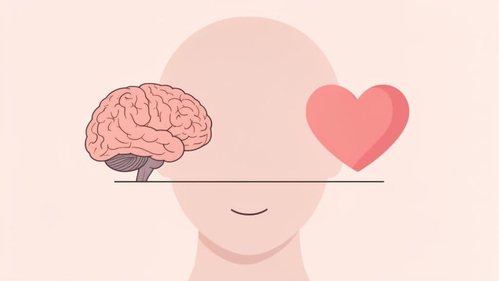 A stylized brain and heart perfectly balance on a scale, symbolizing equilibrium between logic and emotion.