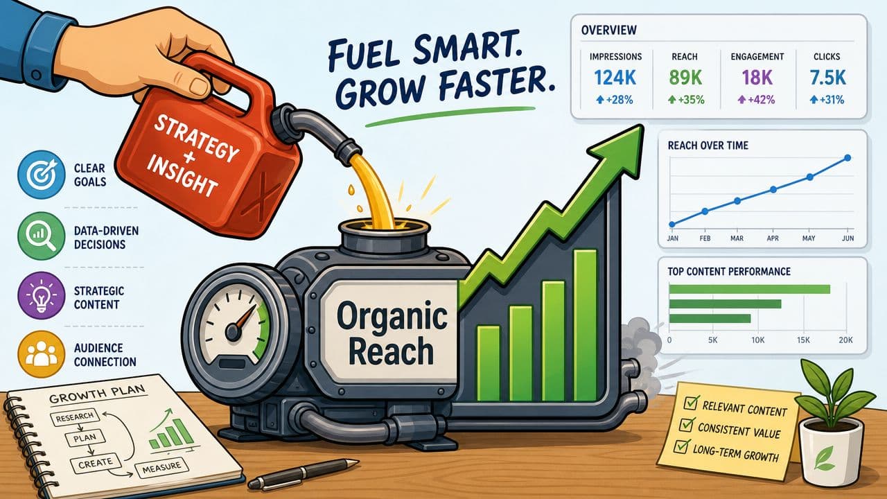 A conceptual illustration showing organic reach growth fueled by strategy, insight, data analytics, and consistent content planning.