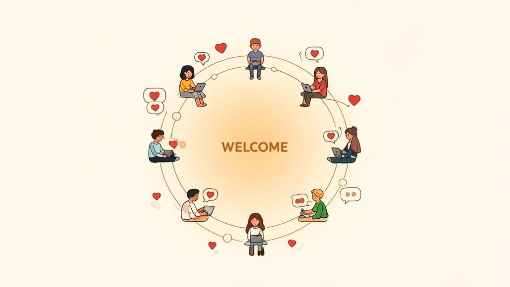 Diverse group of people in a circle using laptops, surrounded by hearts and chat bubbles, with 'WELCOME' in the center, symbolizing online community and connection.