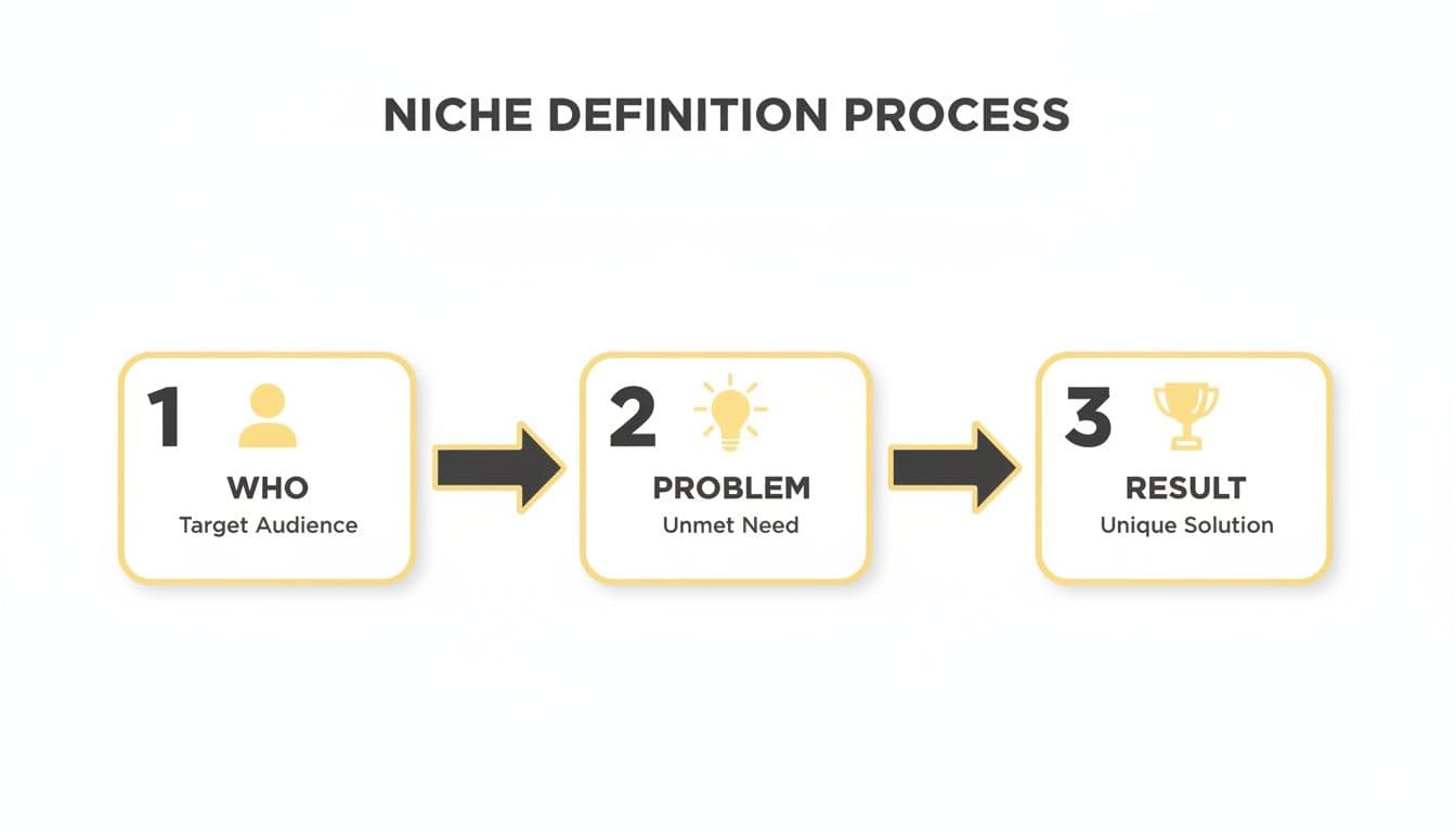 A three-step niche definition process diagram with icons for target audience, unmet need, and unique solution.