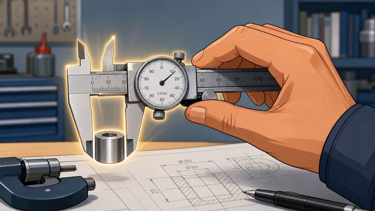 A hand using a dial caliper to measure a small metal cylindrical part over technical engineering drawings.