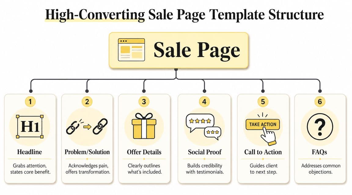 A diagram outlining the six essential sections for a high-converting sale page template structure.