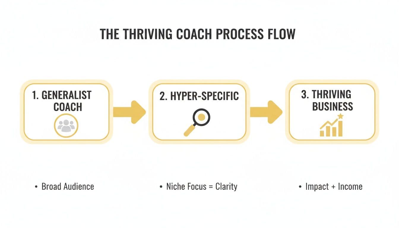 Flowchart showing a coaching business process from generalist to hyper-specific to thriving.