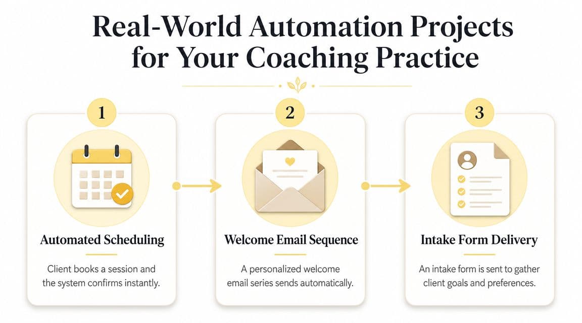 A diagram outlining three automated coaching practice workflows: scheduling, welcome emails, and client intake form delivery.