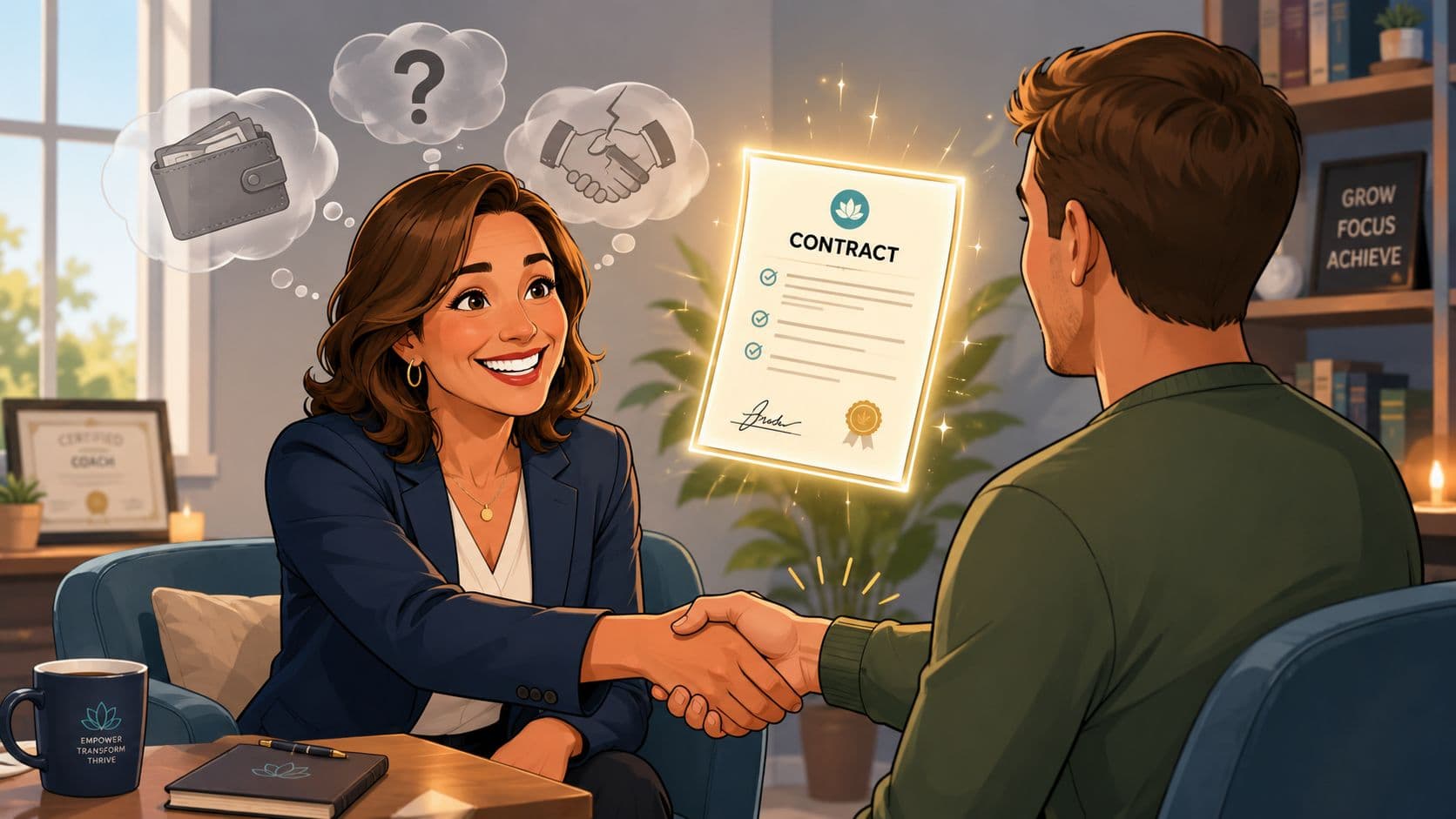 A professional coach shaking hands with a client as a glowing contract document floats between them.