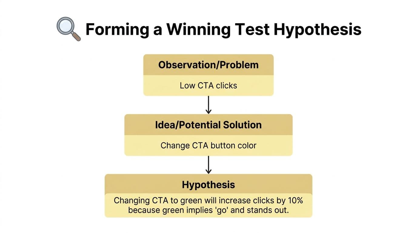 A flowchart diagram explaining the process of forming a hypothesis for a landing page split test.