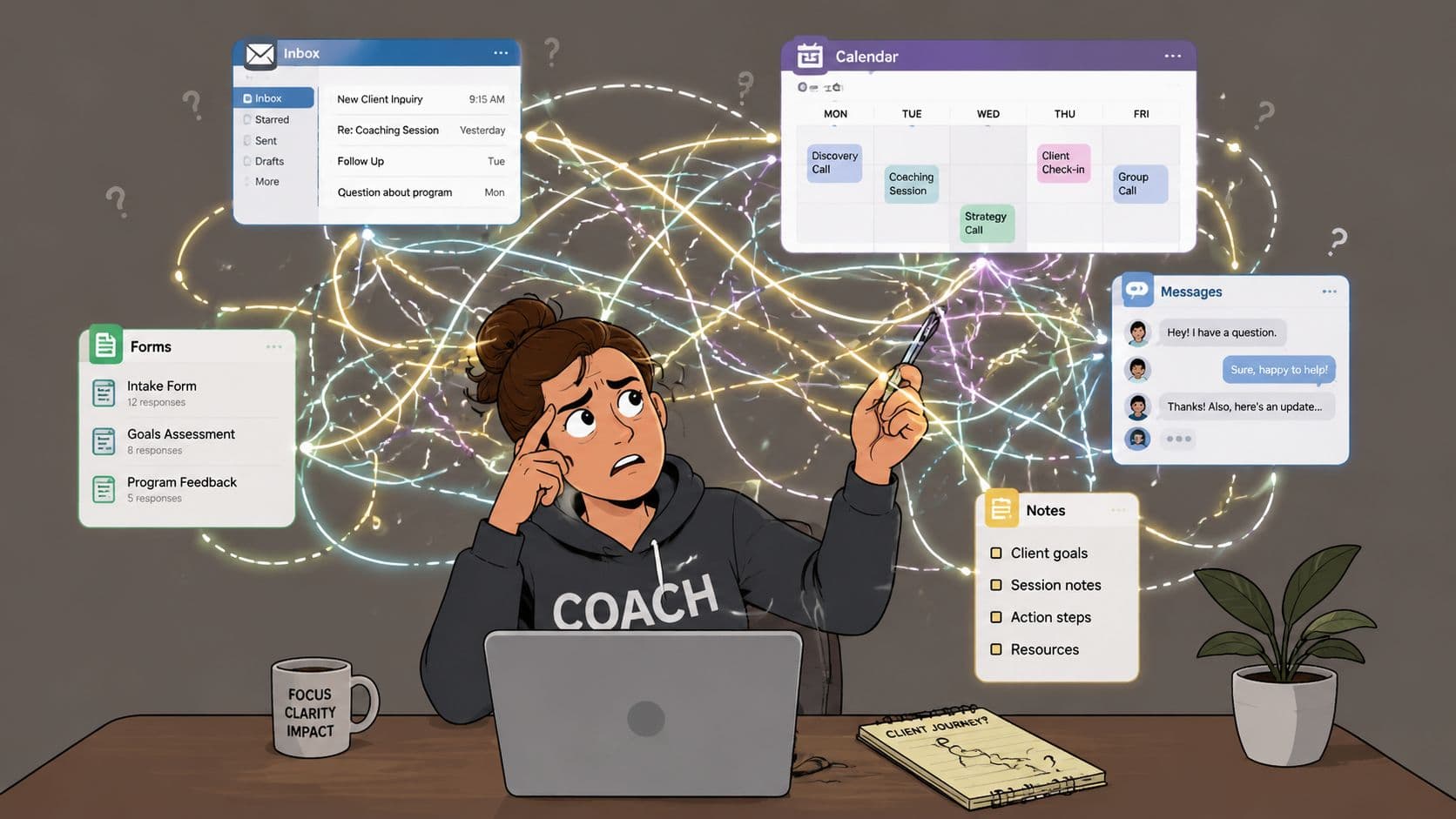 Stressed coach working at a laptop surrounded by chaotic digital notifications, emails, and calendar tasks