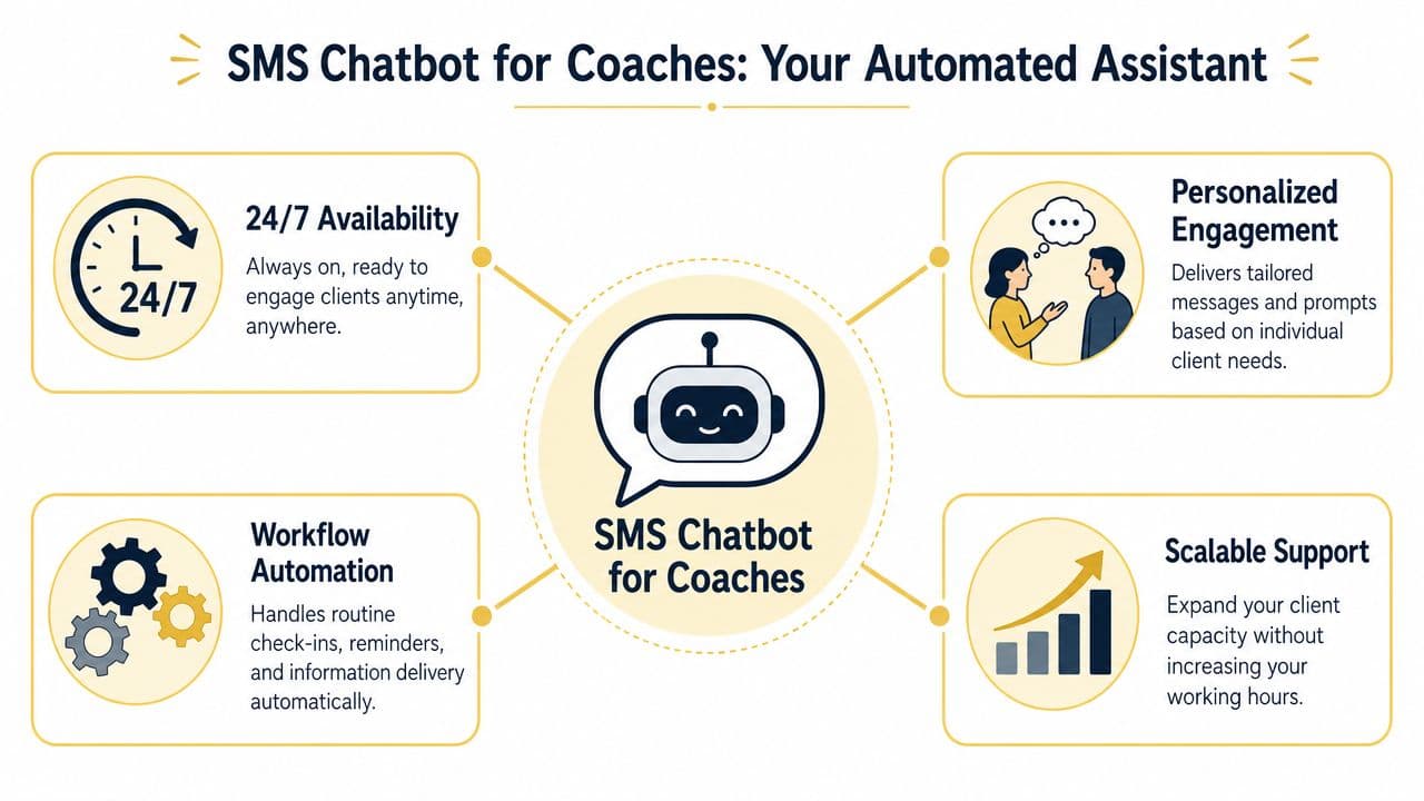 A diagram illustrating the benefits of an SMS chatbot for coaches including automation and scalable support.