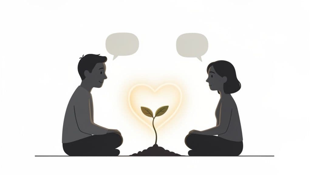 Two people sitting opposite a growing plant with a glowing heart, representing communication and growth.