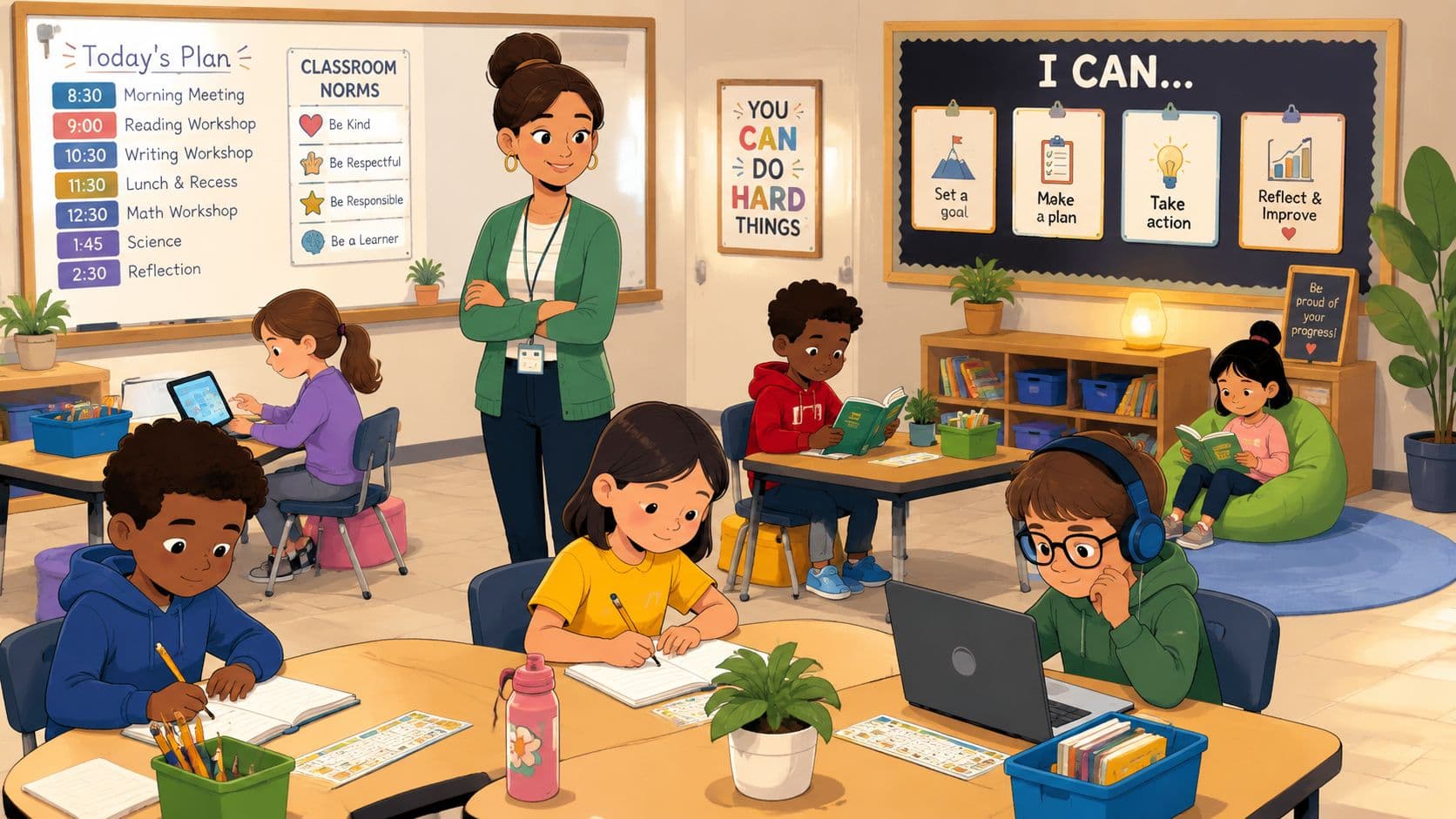 A friendly teacher stands in a vibrant elementary classroom as students engage in various learning activities.