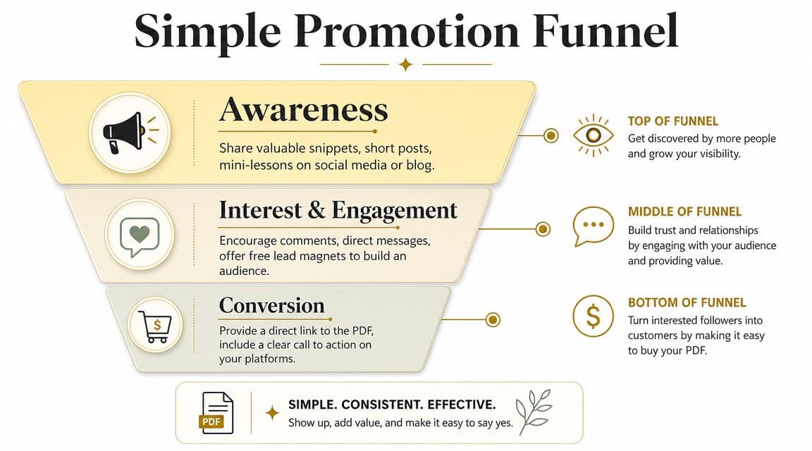 A diagram illustrating a simple three-stage promotion funnel for selling digital PDF documents online.