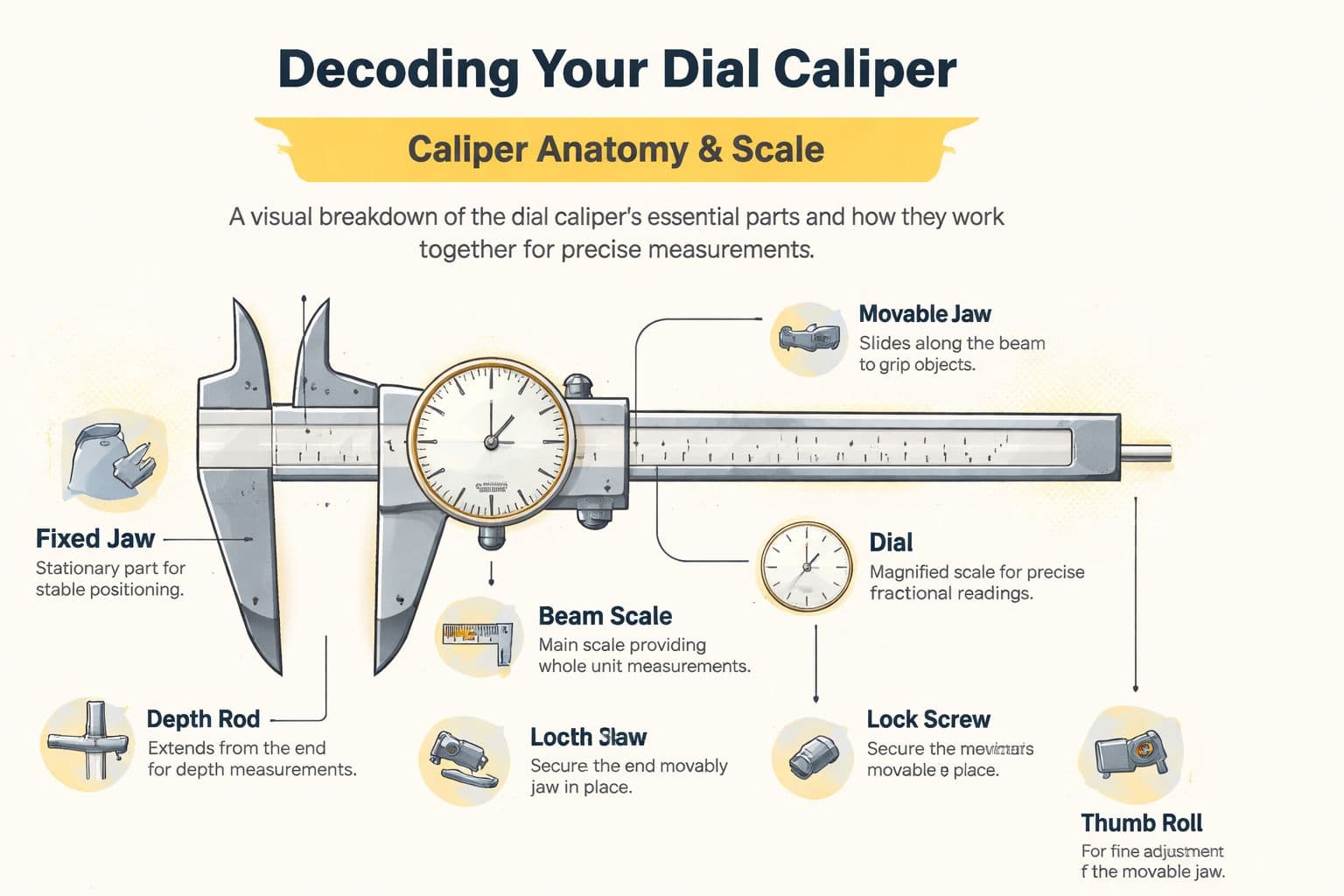 A detailed infographic illustrating the various components and anatomy of a mechanical dial caliper for precise measurements.