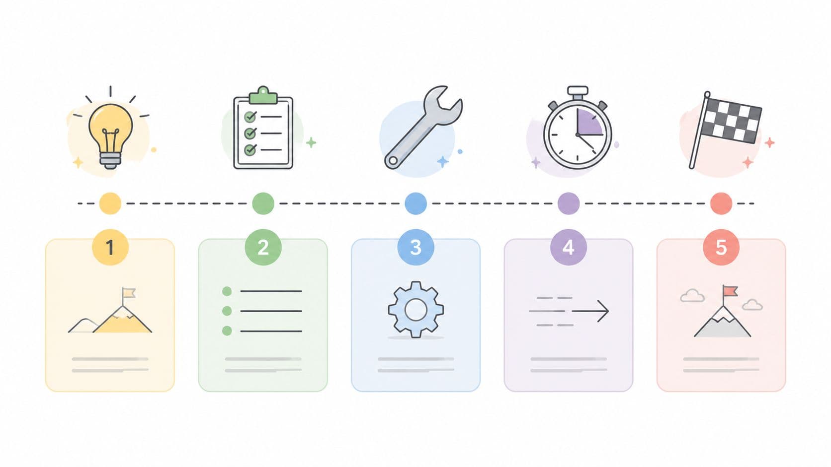 A five-step infographic showing a process flow with icons for ideas, planning, implementation, timing, and achieving goals.
