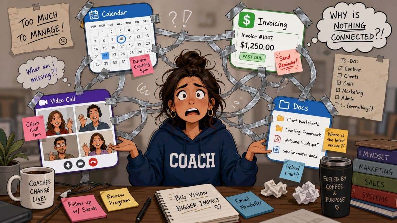 Stressed coach sitting at a cluttered desk surrounded by disorganized digital tools and overwhelming business tasks.