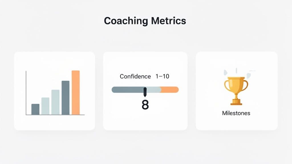 A visual representation of coaching metrics, including a bar chart, a confidence slider set to 8, and a trophy icon for milestones.