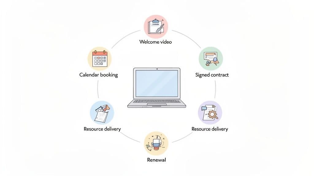 Visual diagram of an automated client onboarding process, including welcome video, contract, resource delivery, booking, and renewal steps.