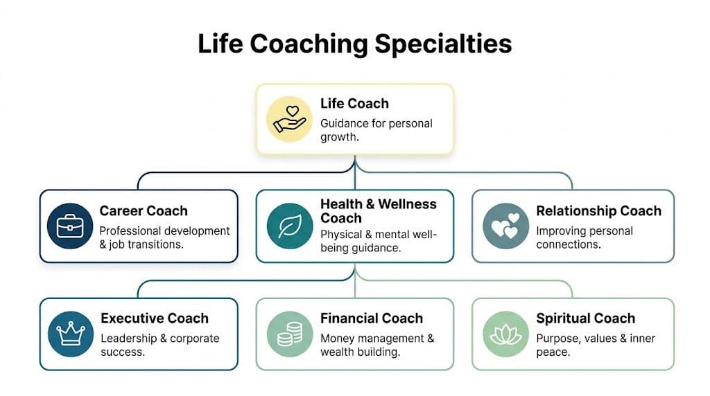 A chart illustrating different life coaching specialties including career, health, relationship, executive, financial, and spiritual coaching roles.